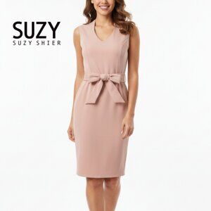 🇺🇸XS Suzy Shier Fitted Midi Dress w/ Mao Collar & Sash Bow Detail - Blush Pink